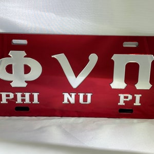Kappa Alpha Psi- Phi Nu Pi License Plate Red Background Mirror Letters