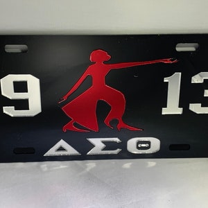 1913 Delta Sigma Theta Lady Fortitude License Plate- Black Background/Mirror Letters/Red Fortitude
