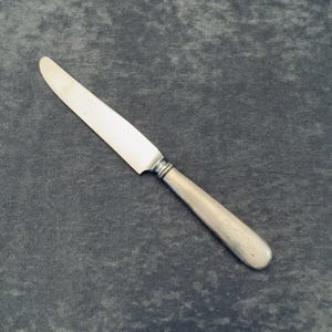 Cuchillo de almuerzo antiguo Reed & Barton con mango de plata esterlina brillante, 1869, monograma EDW, 8.5".