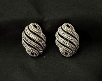 Vintage Judith Jack Sterling Silver Marcasite Oval Statement Earrings