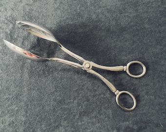 Pinça de servir vintage EPNS Sheffield Inglaterra, estilo tesoura, utensílios de mesa de meados do século XX, 21 cm (8 1/4 polegadas)
