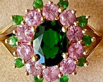 Anillo vintage de oro de 14k con halo de flores de turmalina verde, talla 6.75, 5.1 g, con amatista.