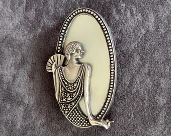 Broche Art Déco em Prata de Lei com Marcassita e Madrepérola para Mulheres