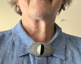 LARGE Judith Jack Sterling Silver Marcasite Onyx Mother of Pearl Brooch