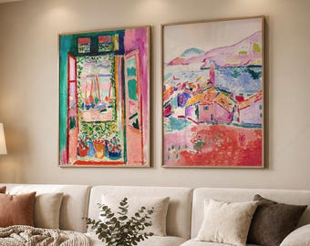 Nautical Wall Decor, Matisse Mediterranean Prints, Set of 2, Open Window Print, Coastal Village Poster  12