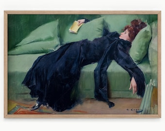 Dekadente junge Frau nach dem Tanz Geschenk für Freund Smaragdgrün Kunst Moody Vintage-Porträt Ramon Casas Oben Sofa Kunst Hochwertiger Druck