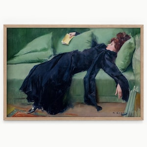 Decadent young woman after the dance Gift for friend Emerald green art Moody vintage portrait Ramon Casas Above sofa art High quality print