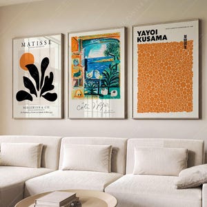 Gebrannte Orange Kunst, Mid Century Modern, Henri Matisse, Picasso Poster, Yayoi Dots, 3er-Set Galerie, Ästhetisches Dekor, Boho Home, Cote D&#39;azur