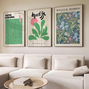 Lot de 3 gravures Henri Matisse Yayoi Kusama William Morris Artistes célèbres Mur de galerie moderne Vert clair Décoration de salon Imprimé floral 24