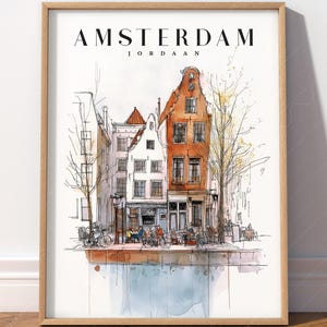 Impression d'Amsterdam, cadeau de voyage aux Pays-Bas Illustration minimaliste Art du Jordaan Affiche de quartier charmant de la ville 02