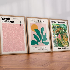 Pink Gallery Wall, Matisse Coral, Flower Market, New York Print, Yayoi Kusama, 3 Pieces, Green Leaves, Modern Room, Blush Pink