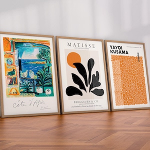 Burnt Orange Art, Mid Century Modern, Henri Matisse, Picasso Poster, Yayoi Dots, Set of 3 Gallery, Aesthetic Decor, Boho Home, Cote D'azur