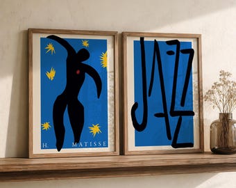 Matisse Jazz Prints Set of 2, Icarus Poster, Blue Modern Wall Art