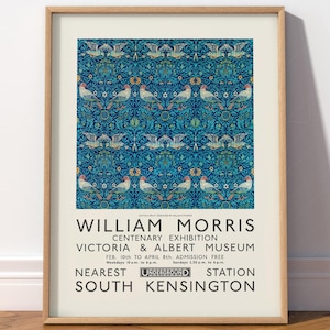 Impresión de William Morris con estampado de pájaros azules, póster de exposición, impresión vintage, arte antiguo, decoración de dormitorio, arte mural de cocina