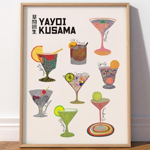 Póster de las bebidas más famosas de Yayoi Kusama con lunares, impresión de cócteles, decoración de carrito de bar, martini, negroni antiguo, Manhattan, margarita, daiquiri.