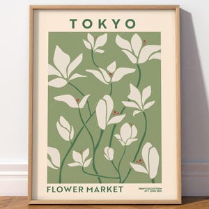 Marché aux fleurs de Tokyo, art mural floral, décoration murale printanière, affiche rétro, fond vert, art de la cuisine, cadeau pour elle