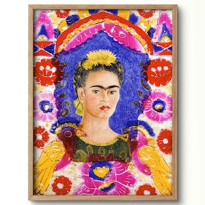 Póster de Frida Kahlo, Frida Kahlo floral, Arte de la moda, Autorretrato, Mujeres inspiradoras, Arte colorido, Rosa, Rojo y Azul, Diseño vintage, Bellas artes 7