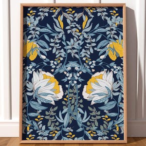 Lámina de William Morris, arte mural con hojas, impresión con estampado de hojas, regalo de aniversario, impresión de alta calidad, póster de flores azules, regalo floral vintage