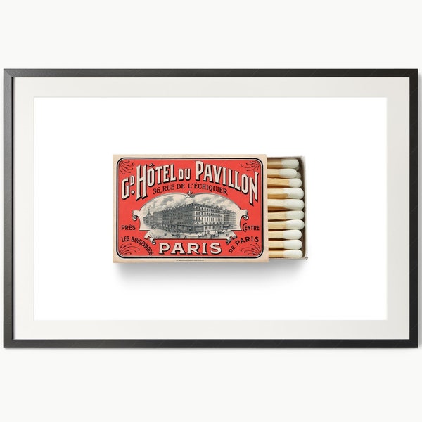 Paris hotel poster Vintage matchbox Retro wall decor Above sofa Travel wall art Unique gift Nostalgic object Antique Paris Elegant decor