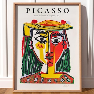 Cuadro famoso de Pablo Picasso: Busto de mujer con sombrero, arte mural para sala de estar, pósteres de gran tamaño, arte mural ecléctico, regalo de boda, sombrero de Picasso.
