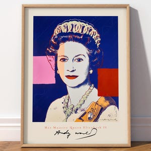 Reina Isabel II, póster de Andy Warhol, arte pop, retrato famoso, familia real británica, impresión moderna, impresión de museo, arte azul oscuro, rojo y rosa.