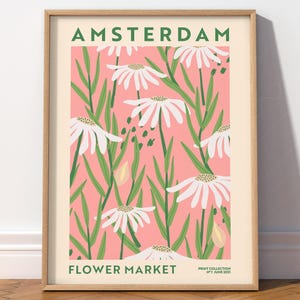 Marché aux fleurs d'Amsterdam, Impression de marguerites, Impression botanique murale, Décoration murale printanière, Décoration rétro, Décoration murale florale, Idée cadeau, Couleur rose
