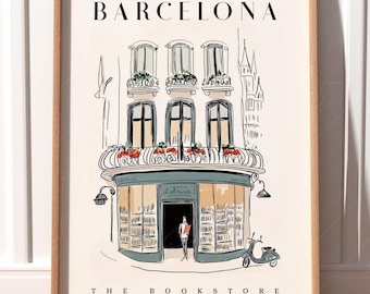 Barcelona Bookstore Poster, City Wall Art, Travel Print, Book Lover Decor, European Street Illustration