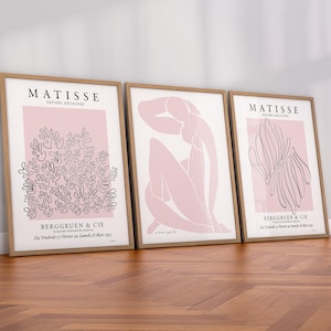 Ensemble de 3 Matisse, rose poudré, galerie murale Henri Matisse, ensemble au-dessus du canapé, art mural de la chambre à coucher, tableau rose clair 04
