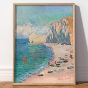 Claude Monet, The Beach and Falaise dAmont, Beach Landscape, Ocean View, Impressionism style, Famous artwork, Boat Wall Art, Wedding gift