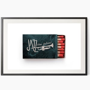 New Orleans Jazz poster Music festival Retro wall art Vintage matchbox Retro print Travel print Trumpet art Emerald green color Music lover
