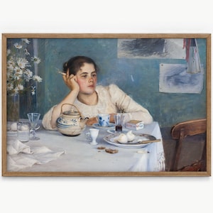 Rêveuse, après le petit déjeuner, Elin Danielson Gambogi, affiche d&#39;art de salle à manger, impression de cuisine, peinture de portrait antique, cadeau pour un ami