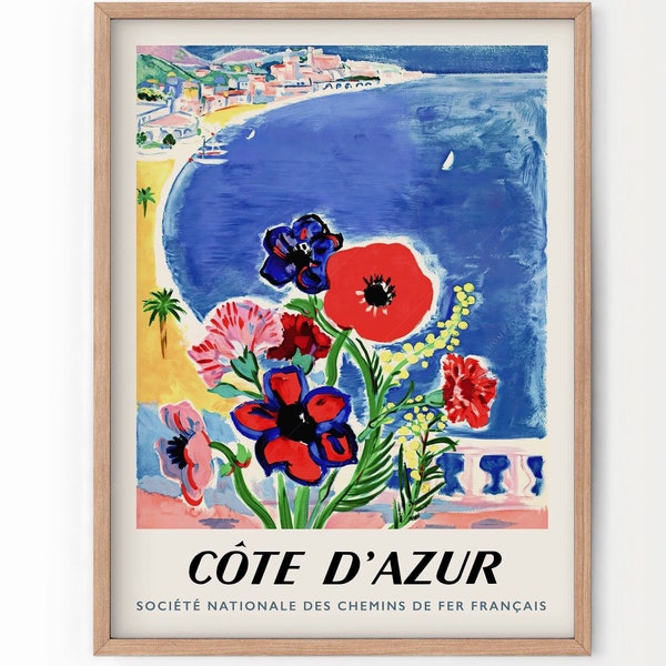 Blue Cote D'Azur, Travel Poster, French Riviera, Saint-Tropez, Cannes Poster, Seascape Print, Mediterranean Coast, Beach Wall Decor, Flower