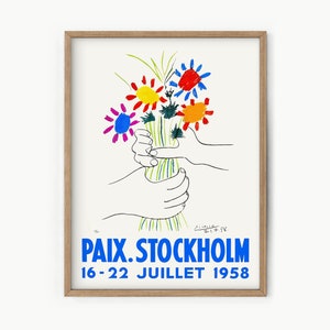 Picasso Poster, Stockholm Peace, Picasso Bouquet, Picasso Flower, Lithograph Art, Exhibition 1958, Inspirational Wall Decor, hands Line Art