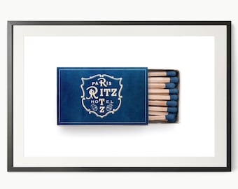 Paris Ritz hotel Chic home decor Vintage matchbox photography Modern farmhouse Navy blue Elegant wall art Gift for him Travel poster 86