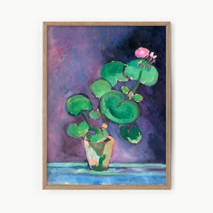 Matisse geraniums Foral wall art Vintage flower painting Retro decor Botanical print Gift for her Mid century modern Purple and green