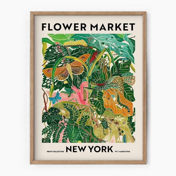 Blumenmarkt-Druck, New York-Poster, Blumenwanddekor, Blumenkunstdruck, grüner Gartendruck, Blätter-Blatt-Poster, Pflanzenkunst, moderner Stil