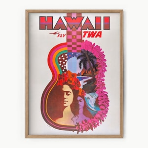 Póster de viaje vintage de Hawái, impresión de David Klein Fly TWA 1960, arte retro, decoración hawaiana moderna de mediados de siglo, impresión costera de playa, arte de pared de los años 60 01