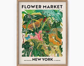 Flower Market Print, New York Poster, Floral Wall Decor, Flower Art Print, Green Garden Print, Leaves Leaf Poster, Plant Art, Modern Style