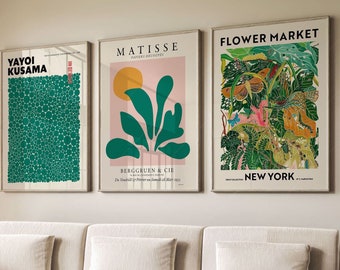 Flower Market Print, Modern Gallery Wall, Yayoi Kusama Set, Henri Matisse Corals, 3 Piece, Tropical Green Leaf Art, Blush Pink, Orange Burnt