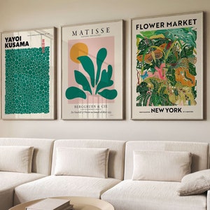 Flower Market Print, Modern Gallery Wall, Yayoi Kusama Set, Henri Matisse Corals, 3 Piece, Tropical Green Leaf Art, Blush Pink, Orange Burnt
