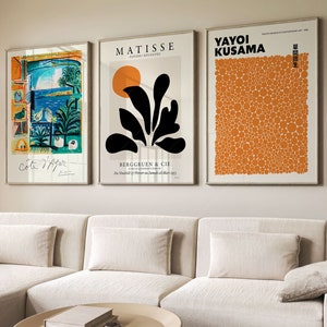 Burnt Orange Art, Mid Century Modern, Henri Matisse, Picasso Poster, Yayoi Dots, Set of 3 Gallery, Aesthetic Decor, Boho Home, Cote D'azur