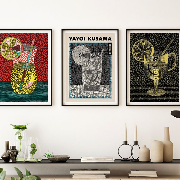 Yayoi Kusama Gallery Wall, Summer Cocktail, Colorful Art Print, Set of 3 Piece, Bar Cart Decor, Modern Wall Art, Dots Nets, Martini Art