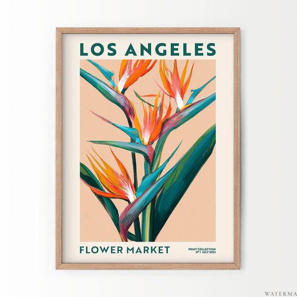 Flower Market Los Angeles, California Poster, Bird of Paradise, Modern Art Print, City Map, Travel Gift, Boho Floral Poster, Modern Print