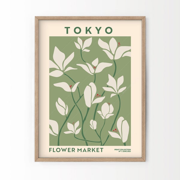 Flower Market Tokyo, Floral Wall Art, Spring Wall Decor, Retro Poster, Green Background, Kitchen art, Gift for her