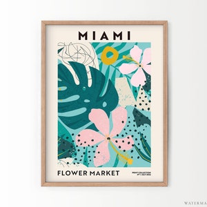 Flower Market Miami, Floral Shop Sign, Florida Poster, Beach Decor, Colourful Wall Decor, Boho Floral, Florist Gift, Tropical Leaves Tree