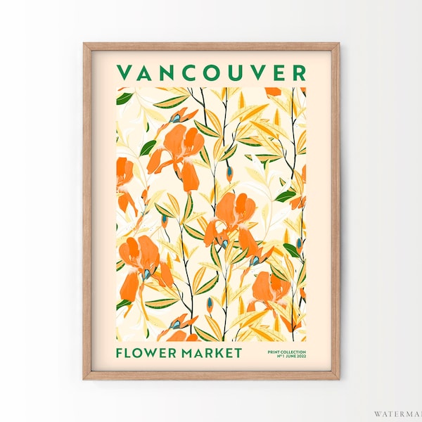 Flower Market Vancouver, Modern Flower, Orange Lily, Modern Floral, Gift Idea, Canada Art, Garden Print, Spring Colorful Art, Leaves Print