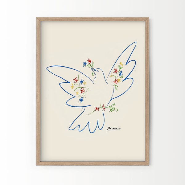 Picasso Friedenstaube, Colombe de la Paix, Line Art, Bunt Druck, Geschenkidee, Inspirational Art, Minimalistisches Poster, Blauer Vogel, Geschenkidee