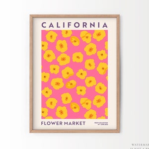 California Print, Flower Market, Poppy Flower, Botanical Wall Art, Kitchen Print, Beach house, Farmhouse, Travel Poster, Pink Yellow Art