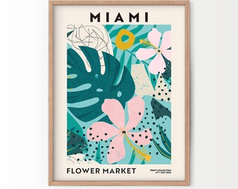 Flower Market Miami, Floral Shop Sign, Florida Poster, Beach Decor, Colourful Wall Decor, Boho Floral, Florist Gift, Tropical Leaves Tree