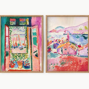 Galería de pared Matisse, conjunto de 2 impresiones, La ventana abierta, Vista de Collioure, Arte mural colorido, Moderno de mediados de siglo, Paisaje de playa 17